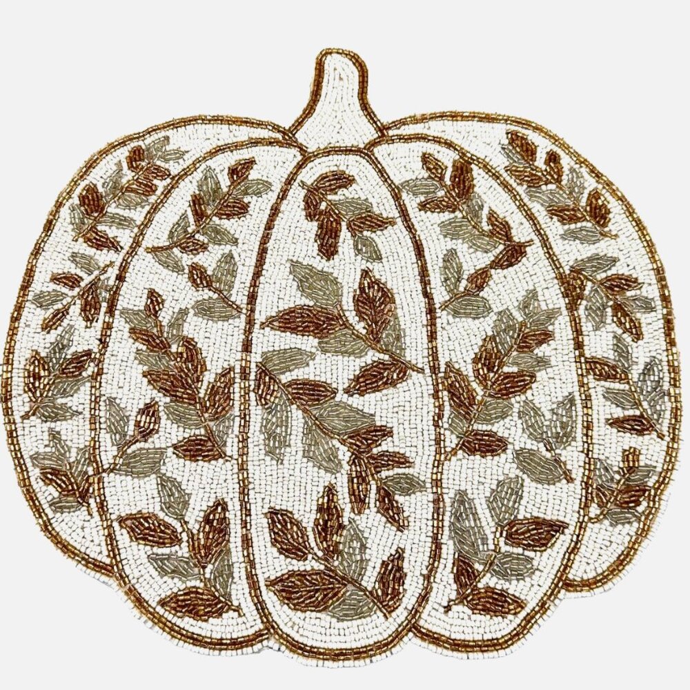 Tahari Gold Silver Pumpkin Beaded Placemat Charger Centerpiece Fall Autumn 15"